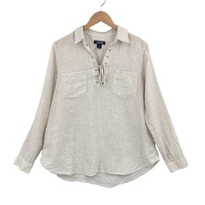 2/$25 Lands End 100% Linen Off White Stripes Vacation Beach Coastal Blouse 14